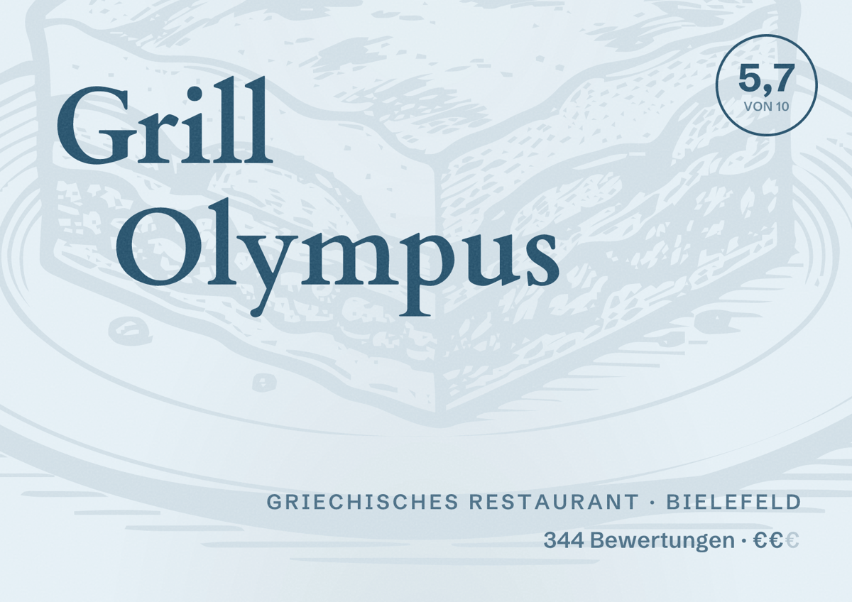 Illustriertes Poster von Grill Olympus, Griechisches Restaurant in Bielefeld: Bewertung 5,7 von 10 aus 344 Bewertungen, Preisniveau €€