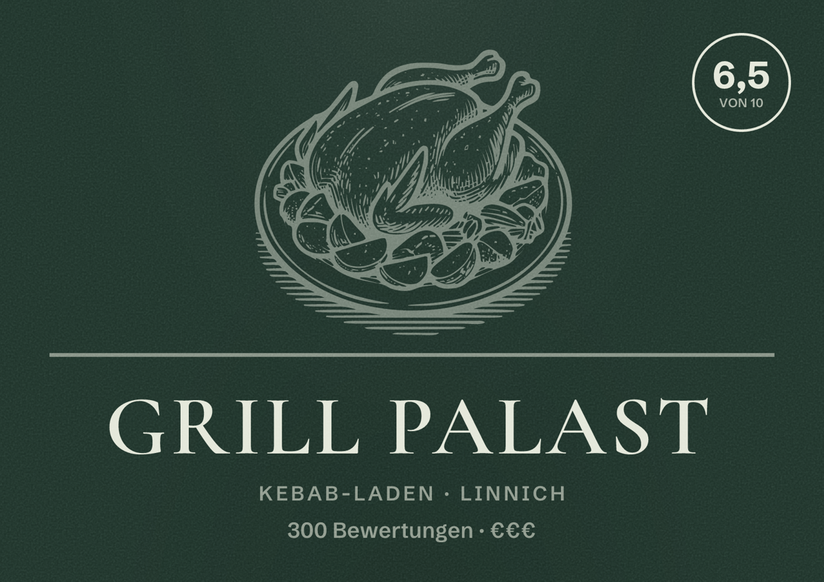 Illustriertes Poster von Grill Palast, Kebab-Laden in Linnich: Bewertung 6,5 von 10 aus 300 Bewertungen, Preisniveau €€€