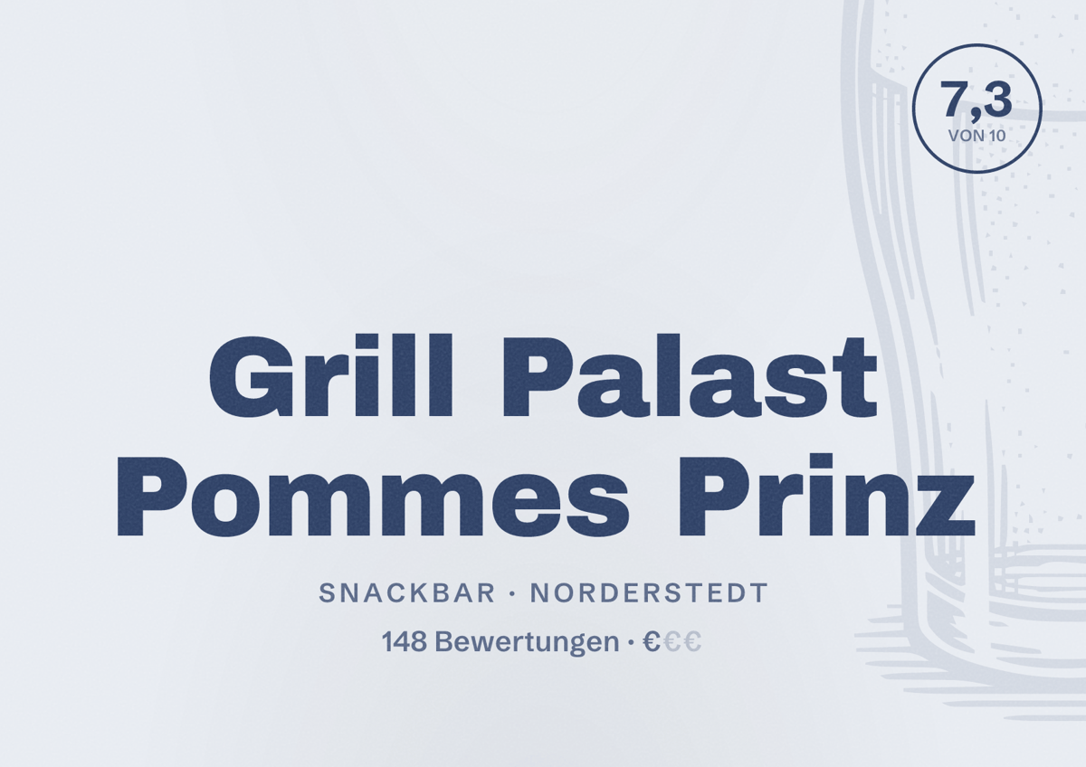 Illustriertes Poster von Grill Palast Pommes Prinz, Snackbar in Norderstedt: Bewertung 7,3 von 10 aus 148 Bewertungen, Preisniveau €