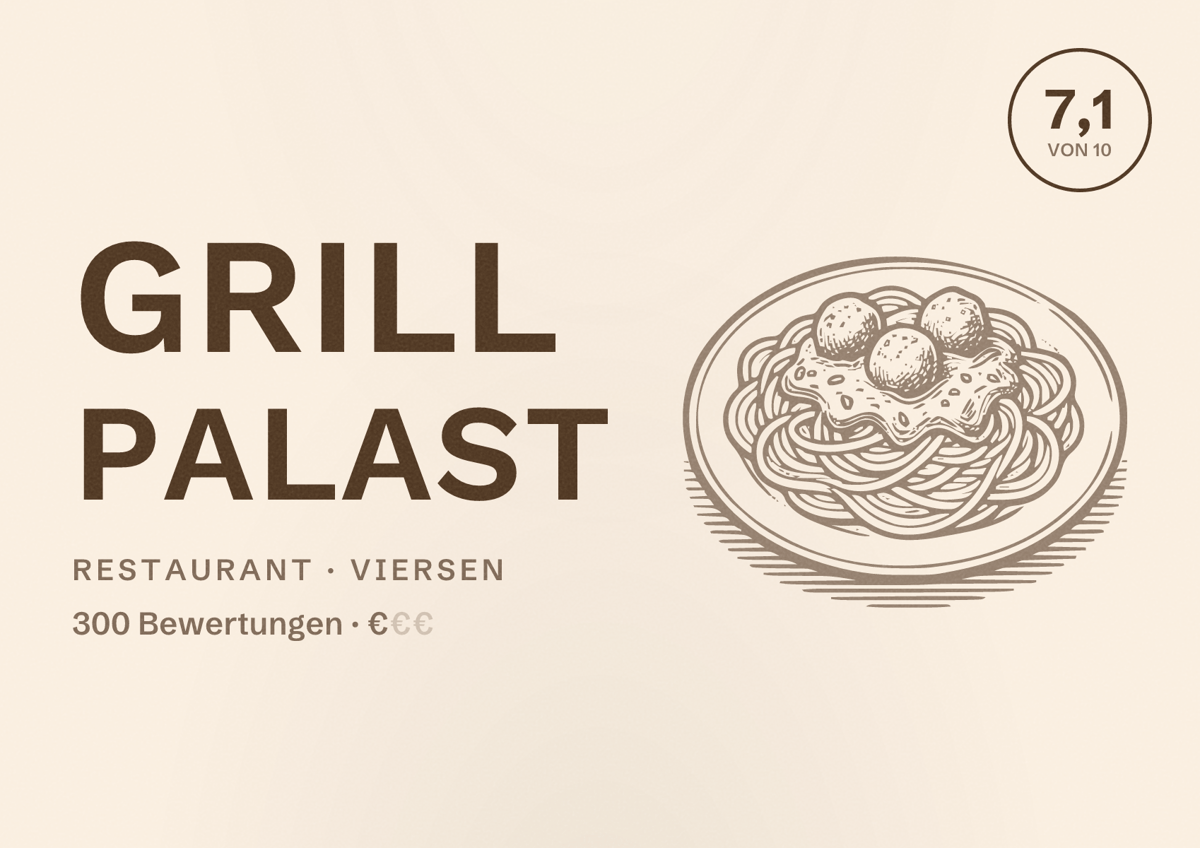 Illustriertes Poster von Grill Palast, Restaurant in Viersen: Bewertung 7,1 von 10 aus 300 Bewertungen, Preisniveau €