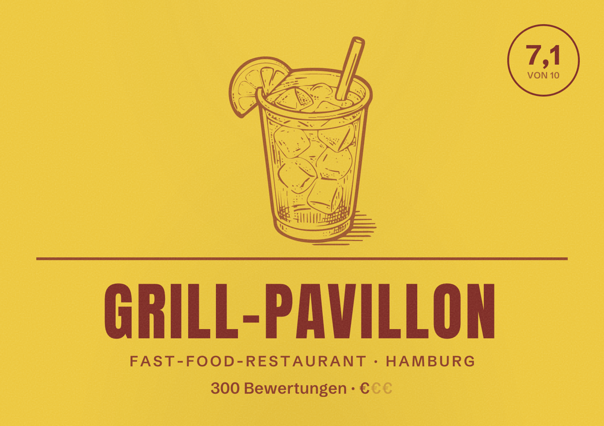 Illustriertes Poster von Grill-Pavillon, Fast-Food-Restaurant in Hamburg: Bewertung 7,1 von 10 aus 300 Bewertungen, Preisniveau €
