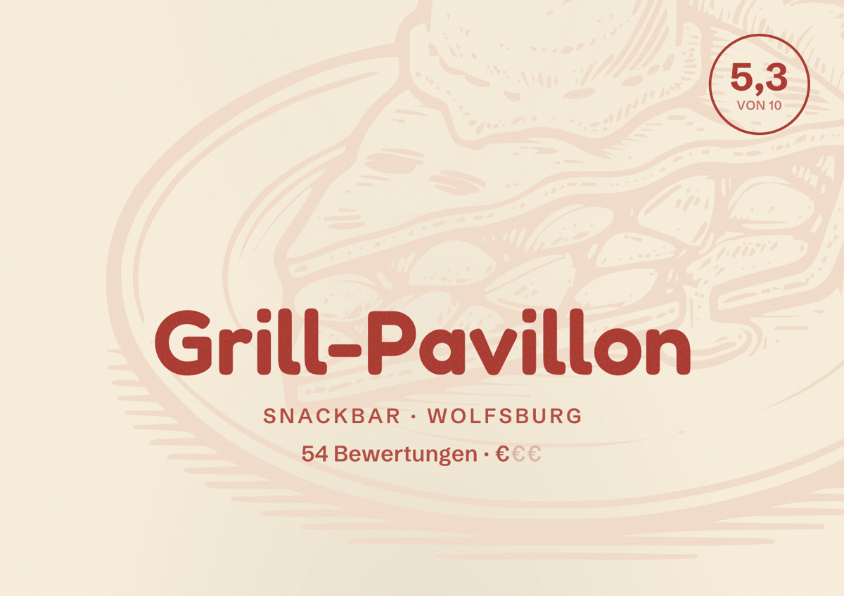Illustriertes Poster von Grill-Pavillon, Snackbar in Wolfsburg: Bewertung 5,3 von 10 aus 54 Bewertungen, Preisniveau €