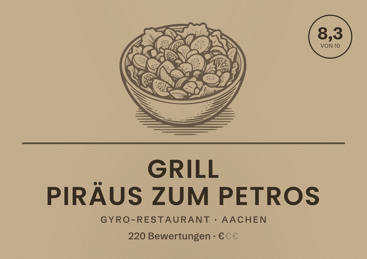 Illustriertes Poster von Grill Piräus zum PETROS, Gyro-Restaurant in Aachen: Bewertung 8,3 von 10 aus 220 Bewertungen, Preisniveau €