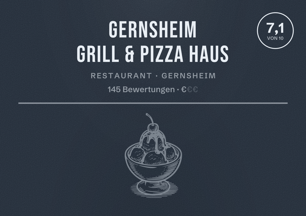 Illustriertes Poster von Gernsheim Grill & Pizza Haus, Restaurant in Gernsheim: Bewertung 7,1 von 10 aus 145 Bewertungen, Preisniveau €