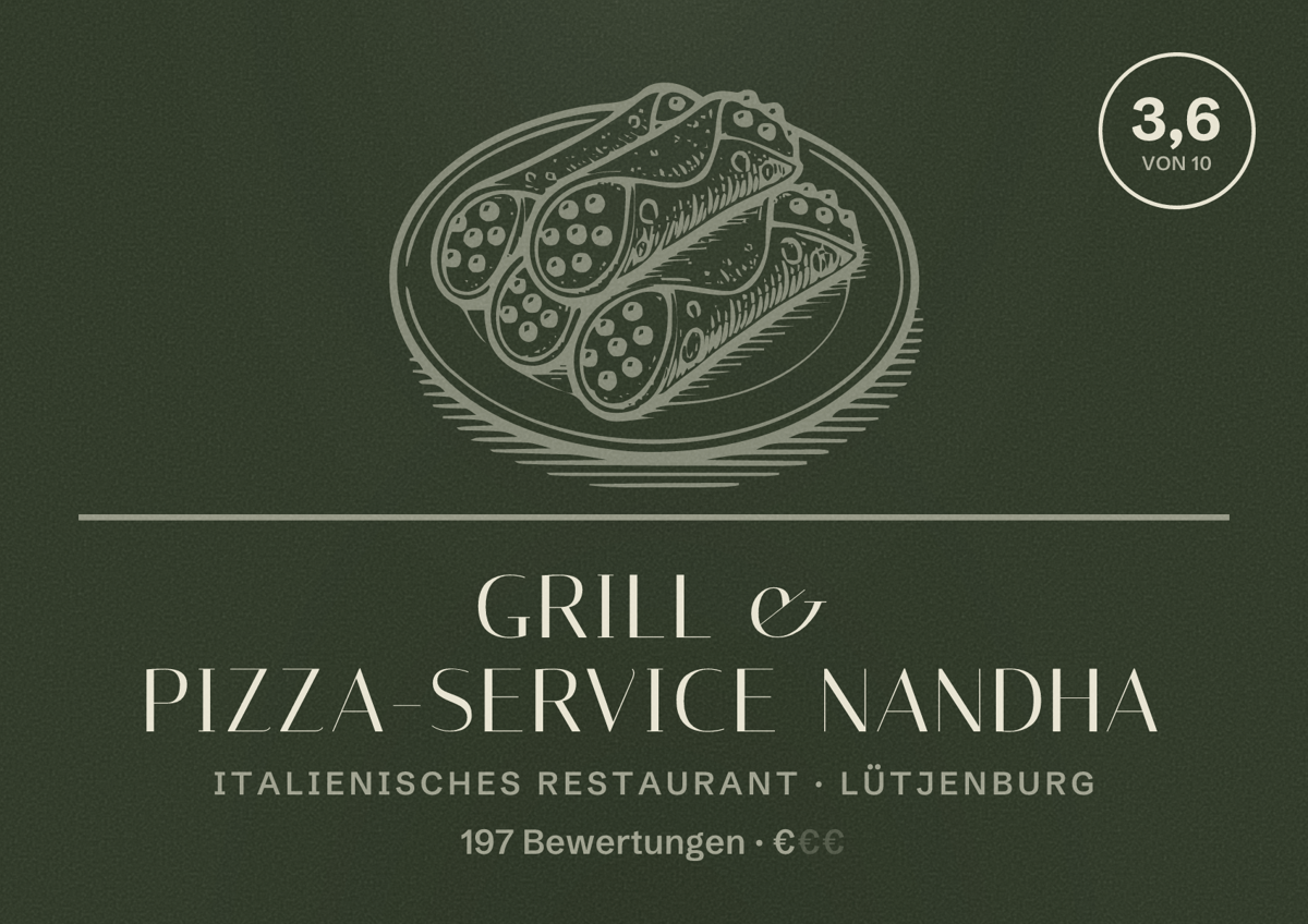 Illustriertes Poster von Grill & Pizza-Service Nandha, Italienisches Restaurant in Lütjenburg: Bewertung 3,6 von 10 aus 197 Bewertungen, Preisniveau €