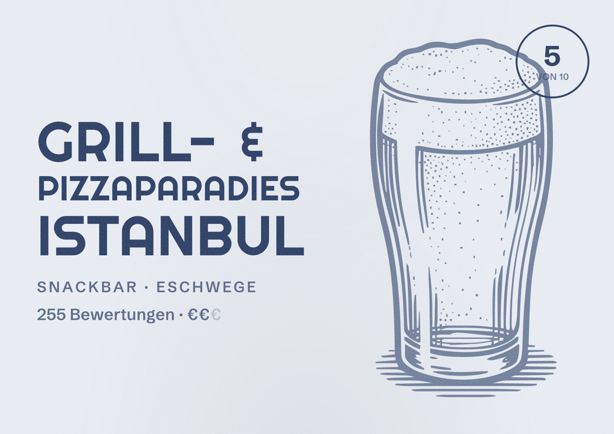 Illustriertes Poster von Grill- & Pizzaparadies Istanbul, Snackbar in Eschwege: Bewertung 5 von 10 aus 255 Bewertungen, Preisniveau €€