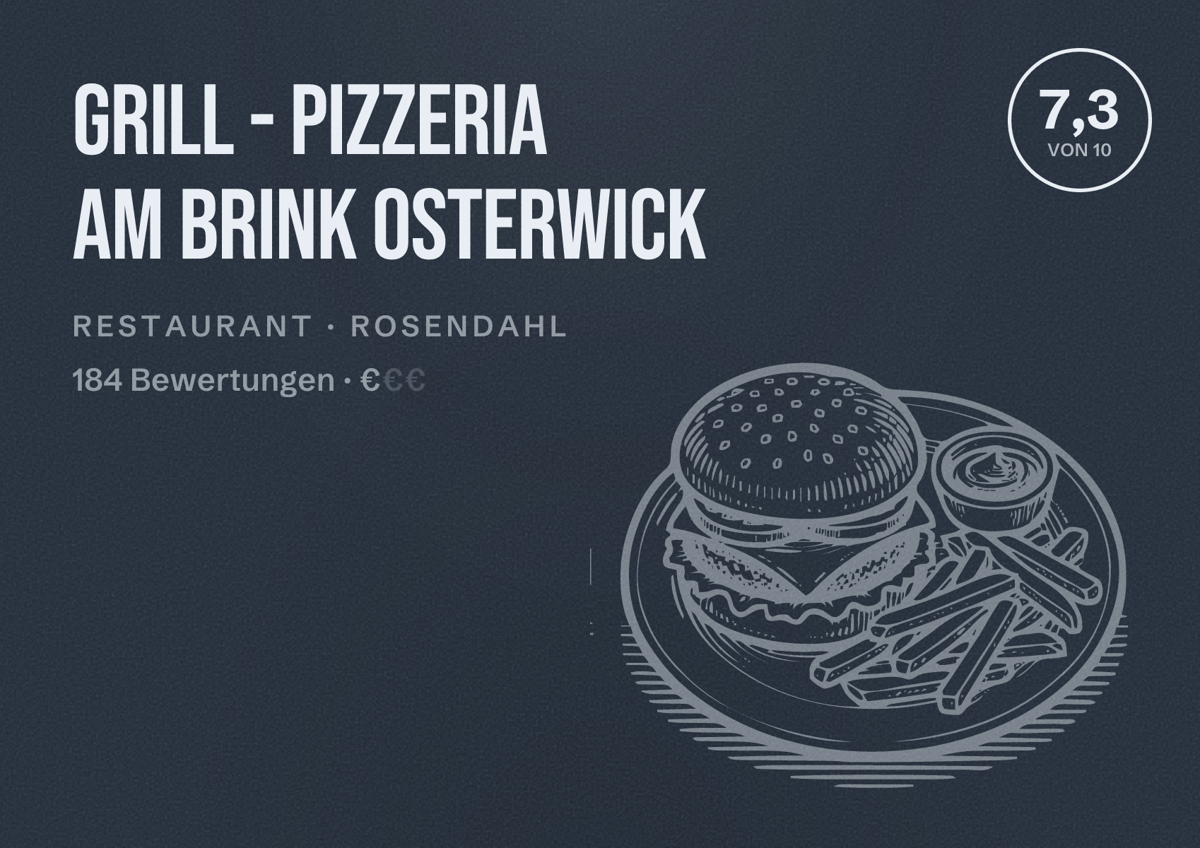 Illustriertes Poster von Grill - Pizzeria am Brink Osterwick, Restaurant in Rosendahl: Bewertung 7,3 von 10 aus 184 Bewertungen, Preisniveau €