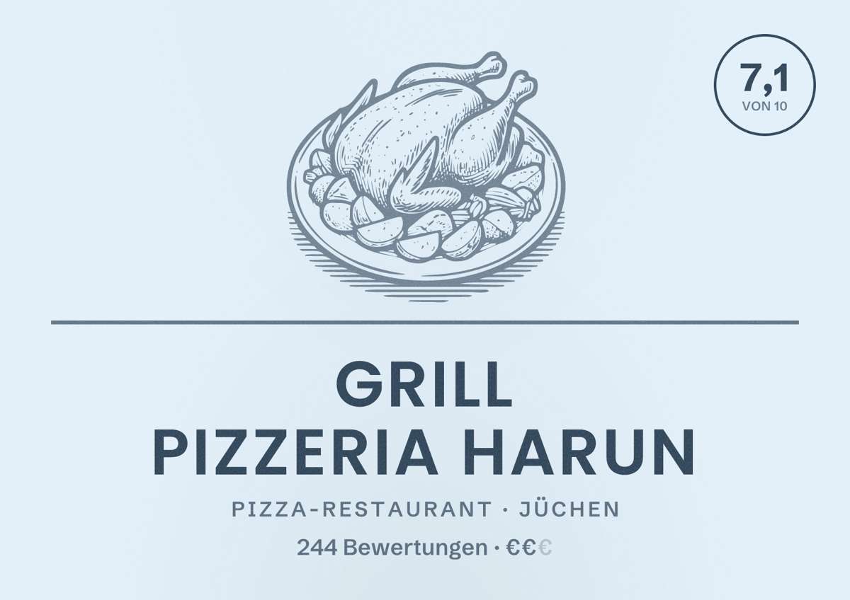 Illustriertes Poster von Grill Pizzeria Harun, Pizza-Restaurant in Jüchen: Bewertung 7,1 von 10 aus 244 Bewertungen, Preisniveau €€