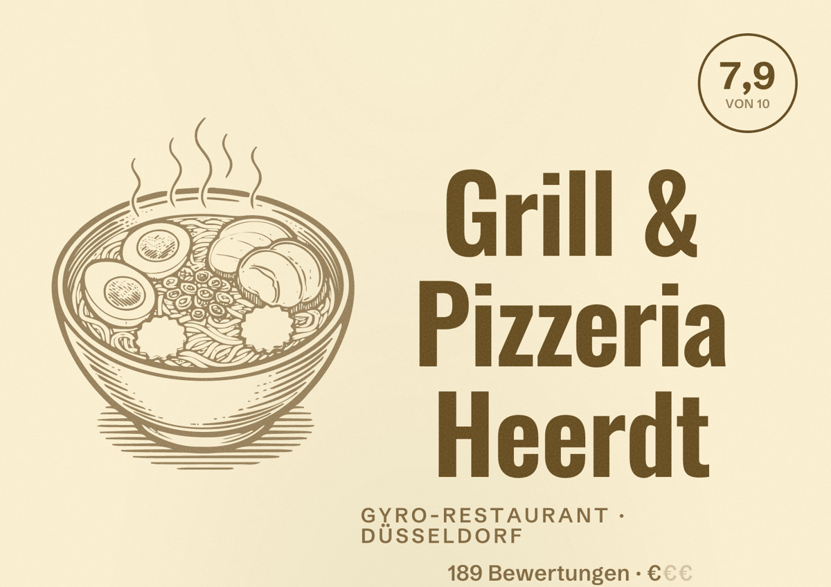 Illustriertes Poster von Grill & Pizzeria Heerdt, Gyro-Restaurant in Düsseldorf: Bewertung 7,9 von 10 aus 189 Bewertungen, Preisniveau €