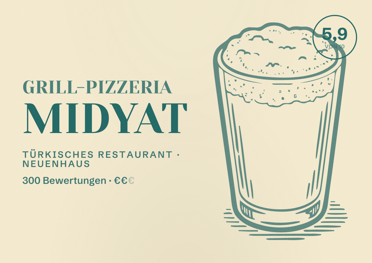 Illustriertes Poster von Grill-Pizzeria Midyat, Türkisches Restaurant in Neuenhaus: Bewertung 5,9 von 10 aus 300 Bewertungen, Preisniveau €€
