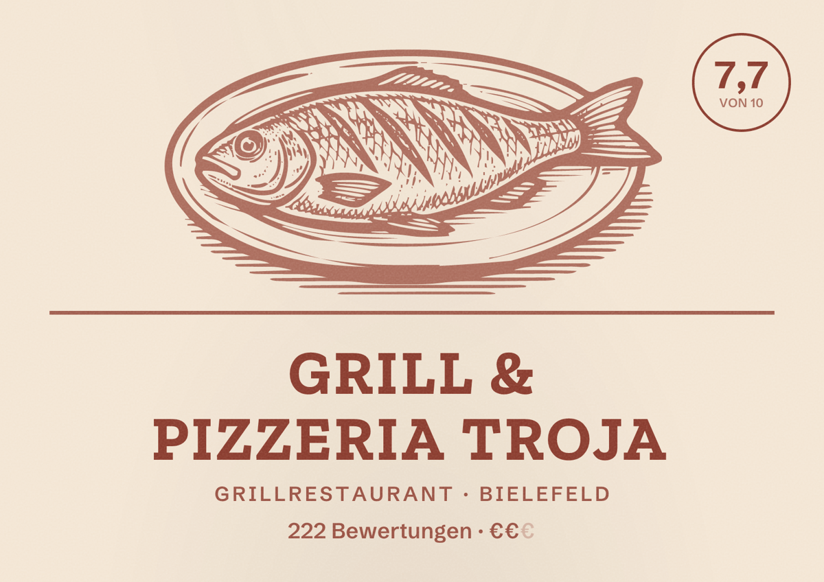 Illustriertes Poster von Grill & Pizzeria Troja, Grillrestaurant in Bielefeld: Bewertung 7,7 von 10 aus 222 Bewertungen, Preisniveau €€