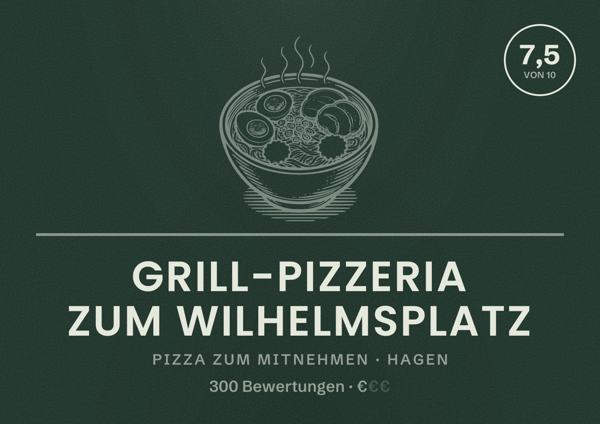 Illustriertes Poster von Grill-Pizzeria zum Wilhelmsplatz, Pizza zum Mitnehmen in Hagen: Bewertung 7,5 von 10 aus 300 Bewertungen, Preisniveau €