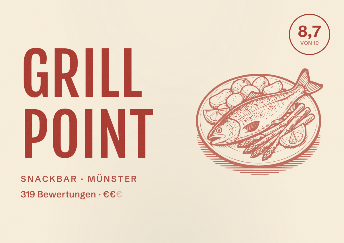 Illustriertes Poster von Grill Point, Snackbar in Münster: Bewertung 8,7 von 10 aus 319 Bewertungen, Preisniveau €€