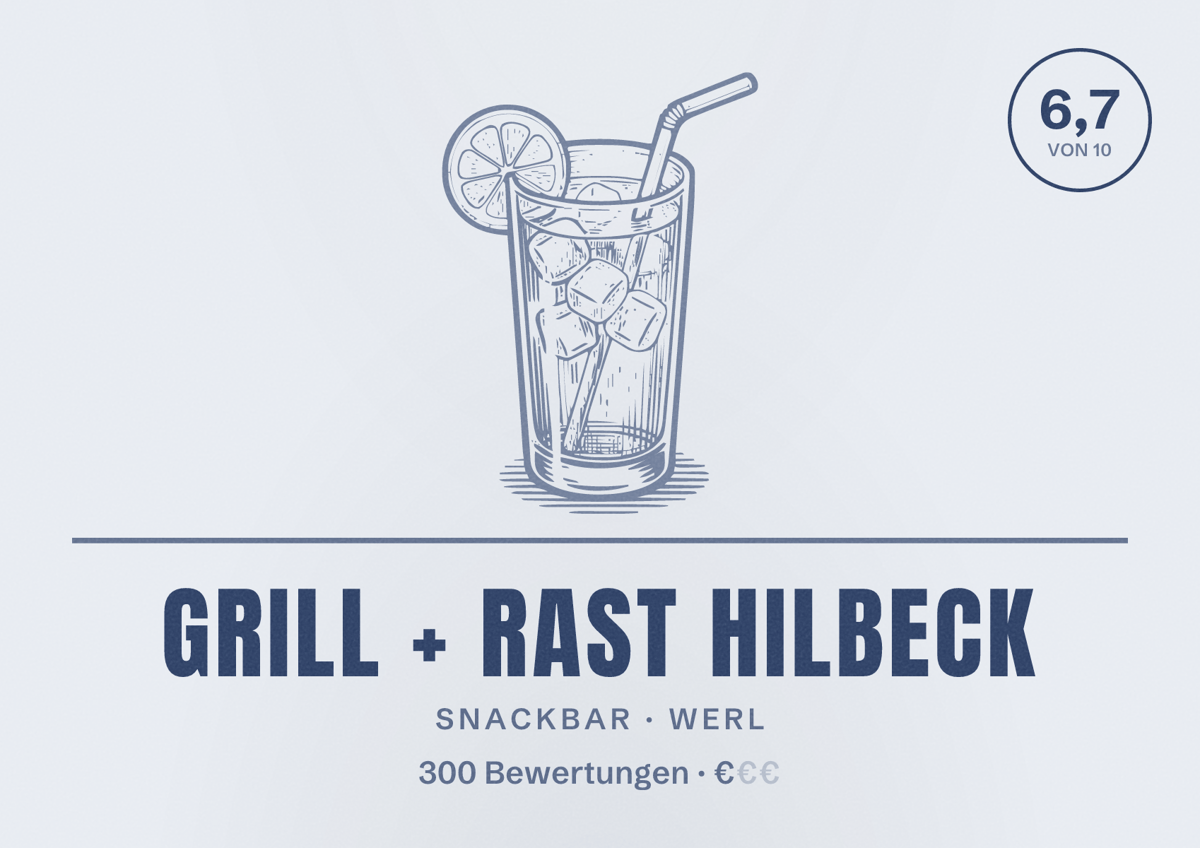 Illustriertes Poster von Grill + Rast Hilbeck, Snackbar in Werl: Bewertung 6,7 von 10 aus 300 Bewertungen, Preisniveau €