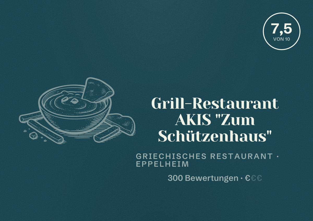 Illustriertes Poster von Grill-Restaurant AKIS "Zum Schützenhaus", Griechisches Restaurant in Eppelheim: Bewertung 7,5 von 10 aus 300 Bewertungen, Preisniveau €