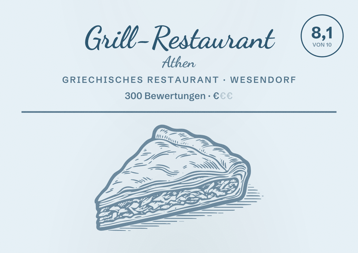 Illustriertes Poster von Grill-Restaurant Athen, Griechisches Restaurant in Wesendorf: Bewertung 8,1 von 10 aus 300 Bewertungen, Preisniveau €