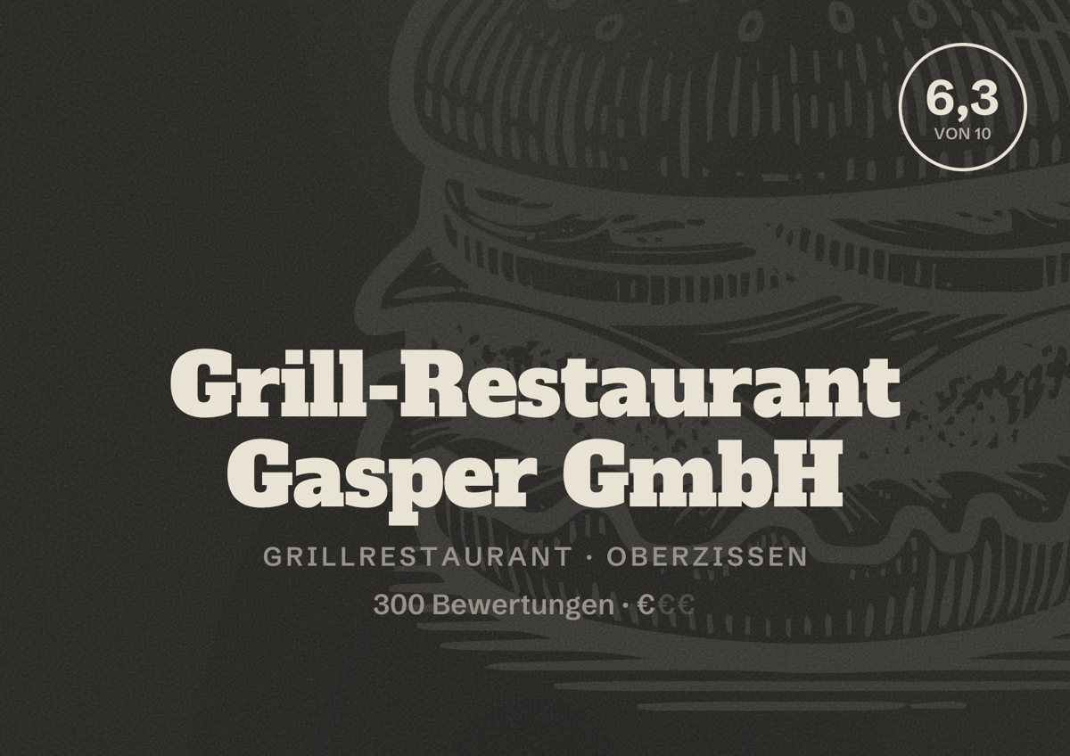 Illustriertes Poster von Grill-Restaurant Gasper GmbH, Grillrestaurant in Oberzissen: Bewertung 6,3 von 10 aus 300 Bewertungen, Preisniveau €