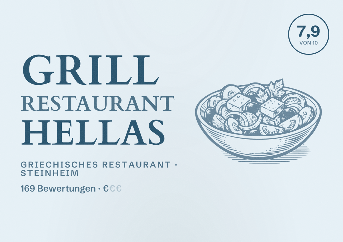 Illustriertes Poster von Grill Restaurant Hellas, Griechisches Restaurant in Steinheim: Bewertung 7,9 von 10 aus 169 Bewertungen, Preisniveau €