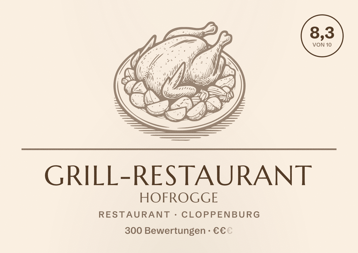 Illustriertes Poster von Grill-Restaurant Hofrogge, Restaurant in Cloppenburg: Bewertung 8,3 von 10 aus 300 Bewertungen, Preisniveau €€
