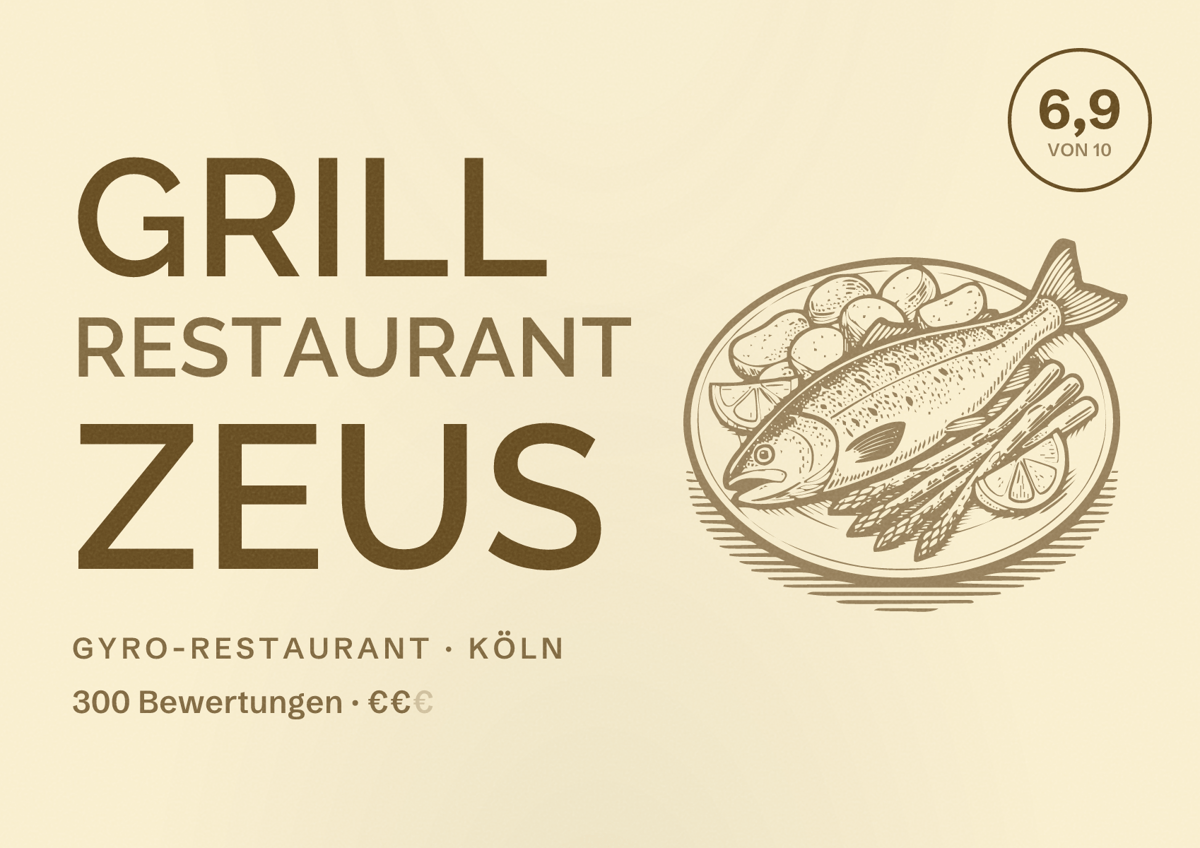 Illustriertes Poster von Grill Restaurant Zeus, Gyro-Restaurant in Köln: Bewertung 6,9 von 10 aus 300 Bewertungen, Preisniveau €€