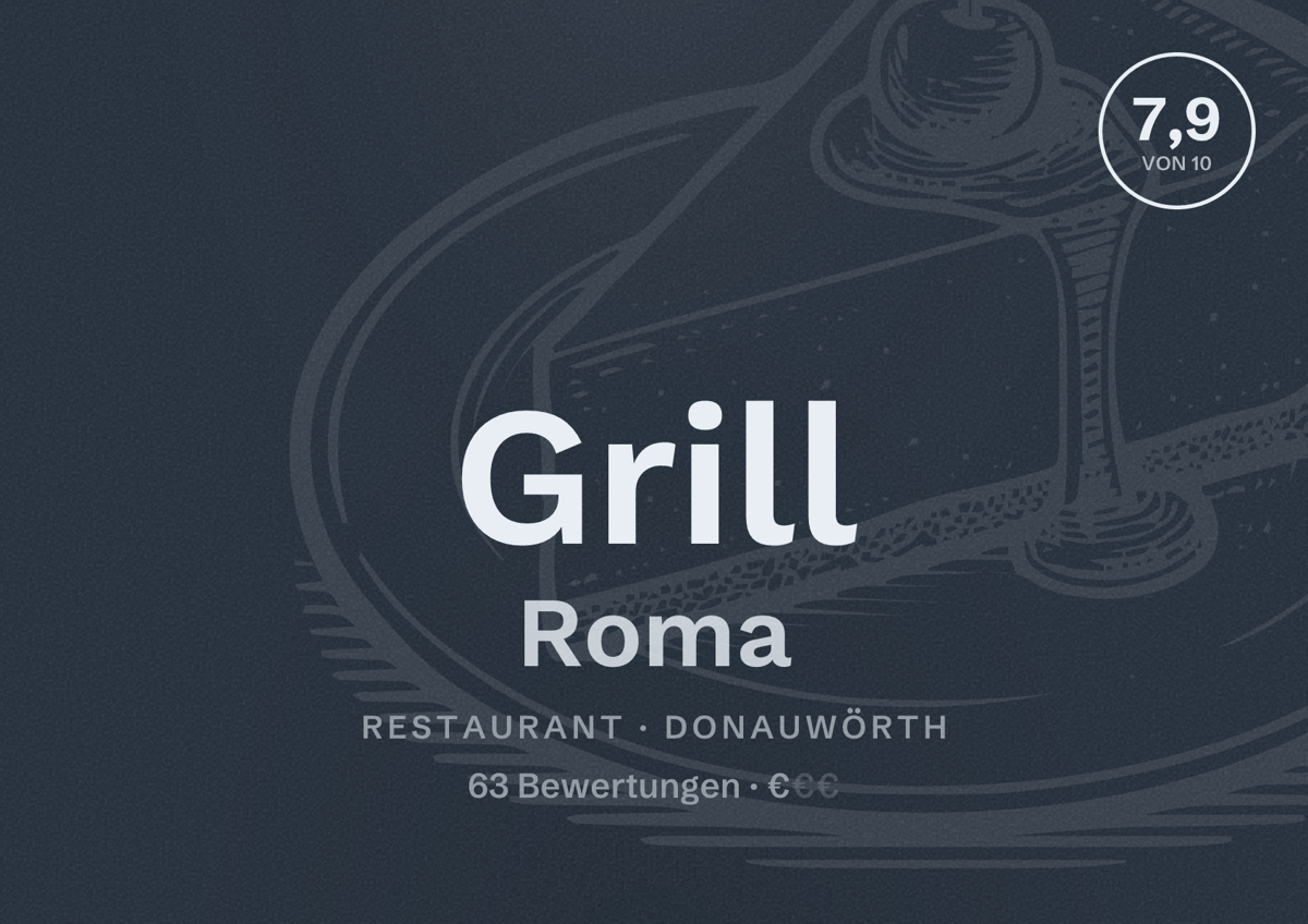 Illustriertes Poster von Grill Roma, Restaurant in Donauwörth: Bewertung 7,9 von 10 aus 63 Bewertungen, Preisniveau €