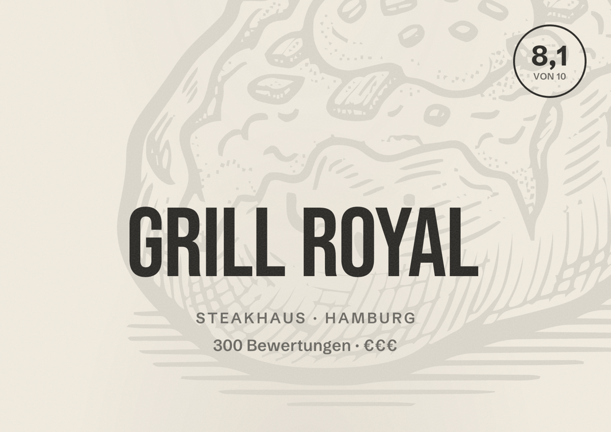 Illustriertes Poster von Grill Royal, Steakhaus in Hamburg: Bewertung 8,1 von 10 aus 300 Bewertungen, Preisniveau €€€