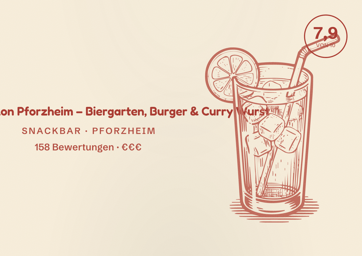 Illustriertes Poster von Grill Salon Pforzheim – Biergarten, Burger & Curry Wurst, Snackbar in Pforzheim: Bewertung 7,9 von 10 aus 158 Bewertungen, Preisniveau €€€