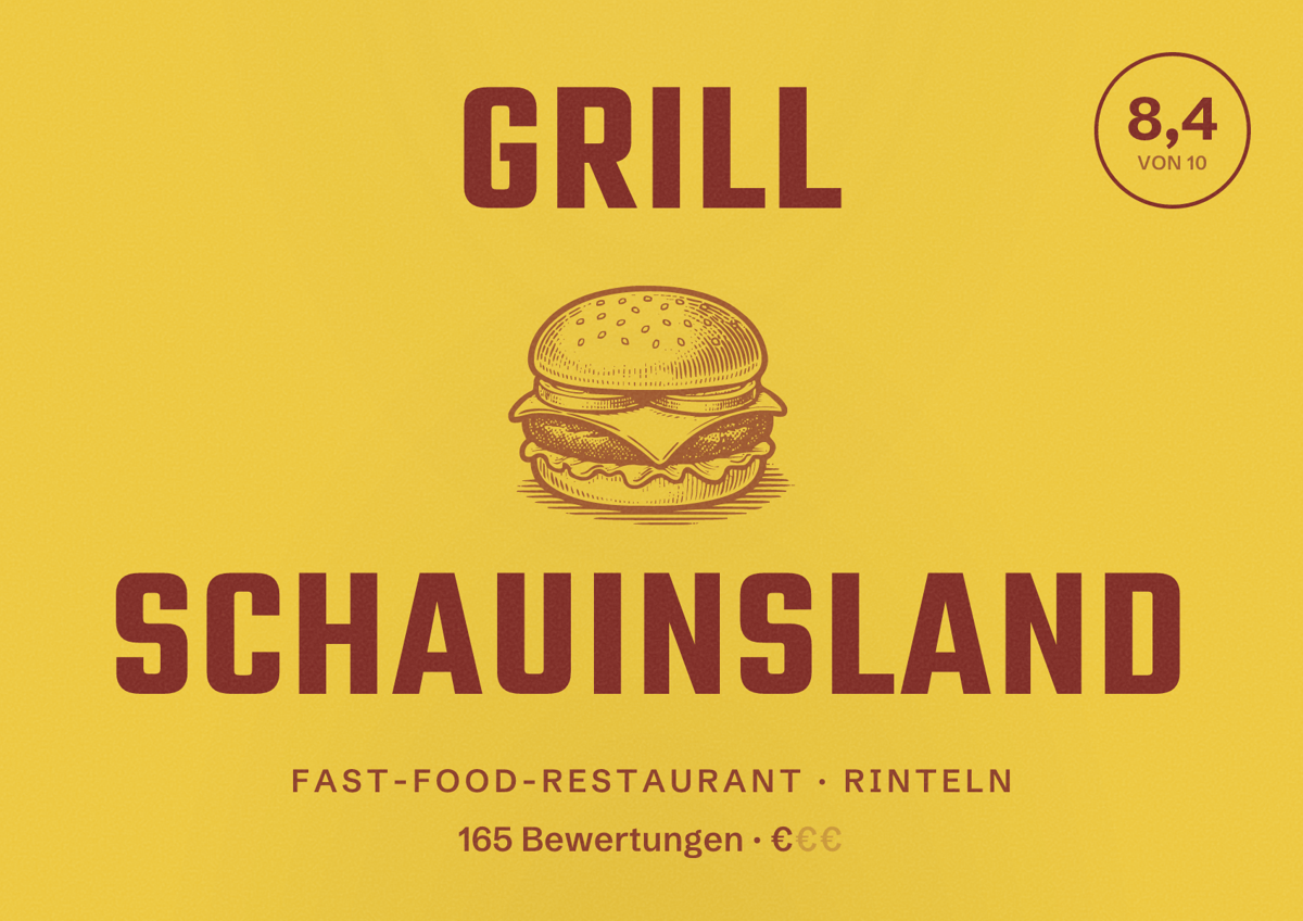 Illustriertes Poster von Grill schauinsland, Fast-Food-Restaurant in Rinteln: Bewertung 8,4 von 10 aus 165 Bewertungen, Preisniveau €
