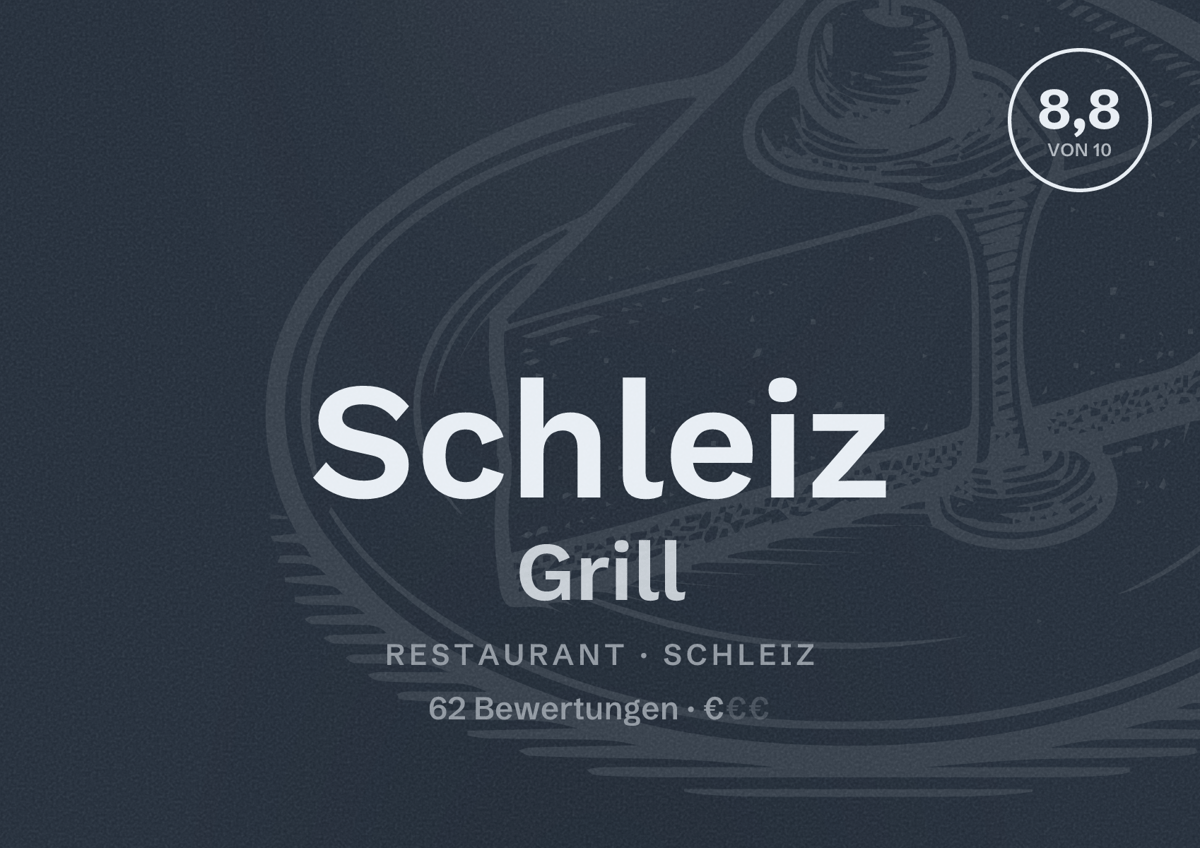 Illustriertes Poster von Schleiz Grill, Restaurant in Schleiz: Bewertung 8,8 von 10 aus 62 Bewertungen, Preisniveau €