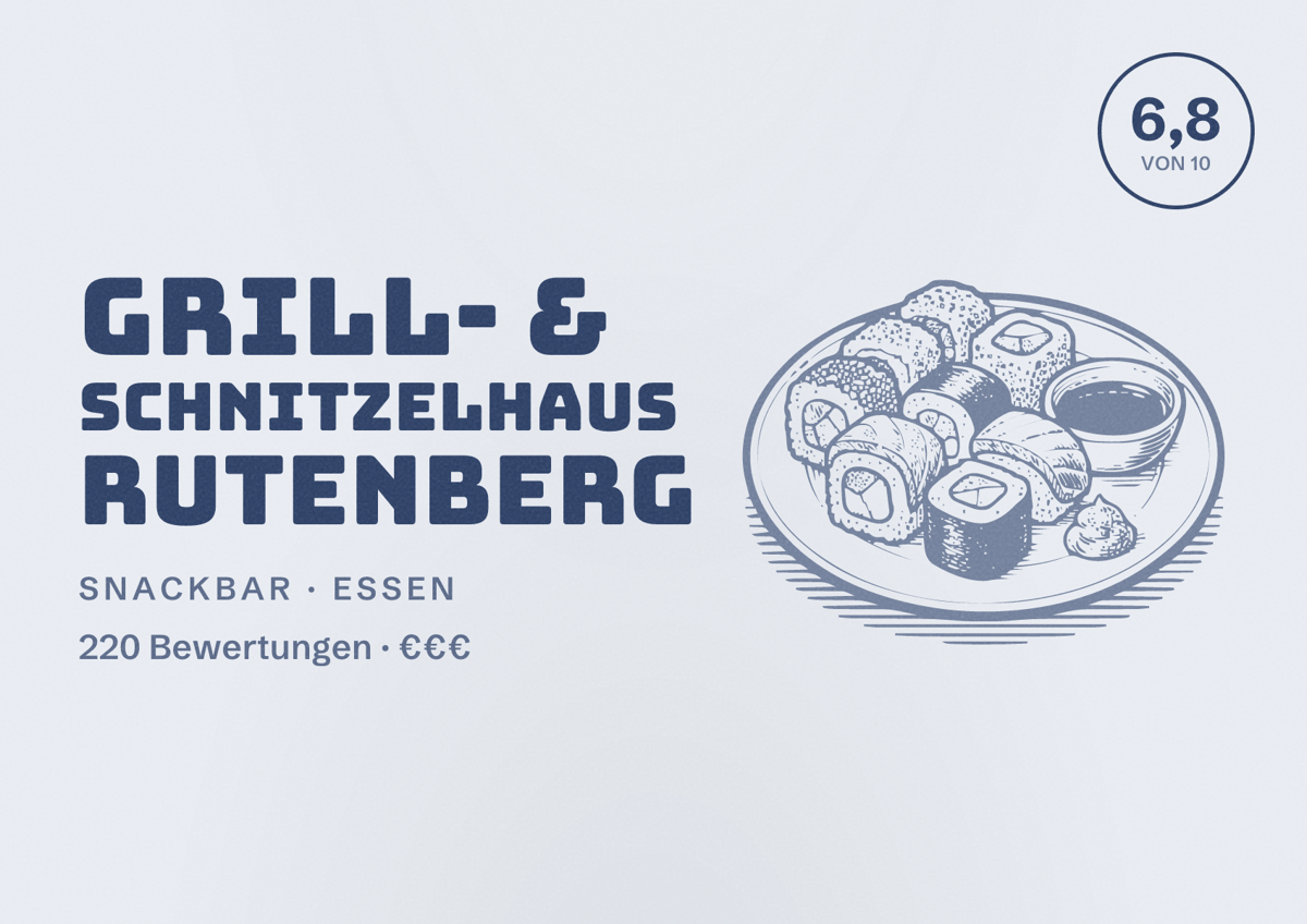 Illustriertes Poster von Grill- & Schnitzelhaus Rutenberg, Snackbar in Essen: Bewertung 6,8 von 10 aus 220 Bewertungen, Preisniveau €€€
