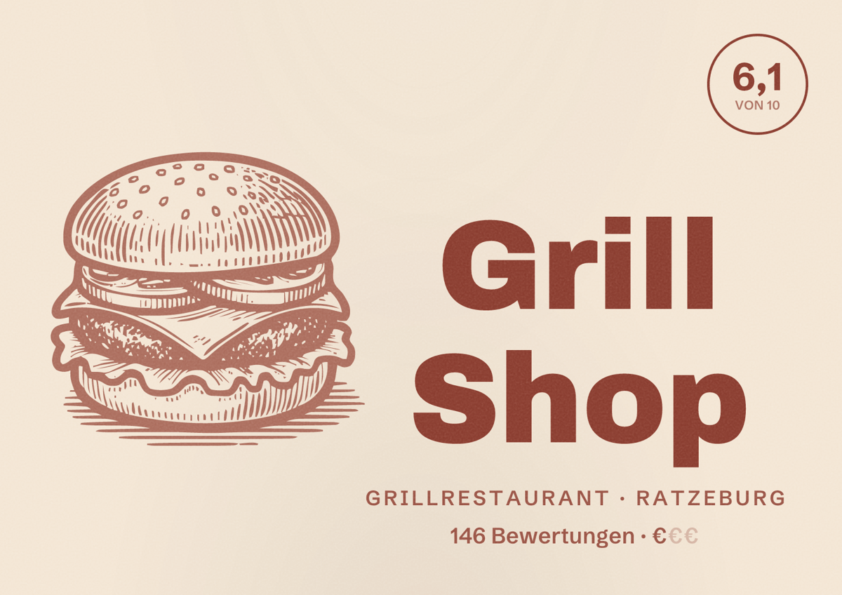 Illustriertes Poster von Grill Shop, Grillrestaurant in Ratzeburg: Bewertung 6,1 von 10 aus 146 Bewertungen, Preisniveau €