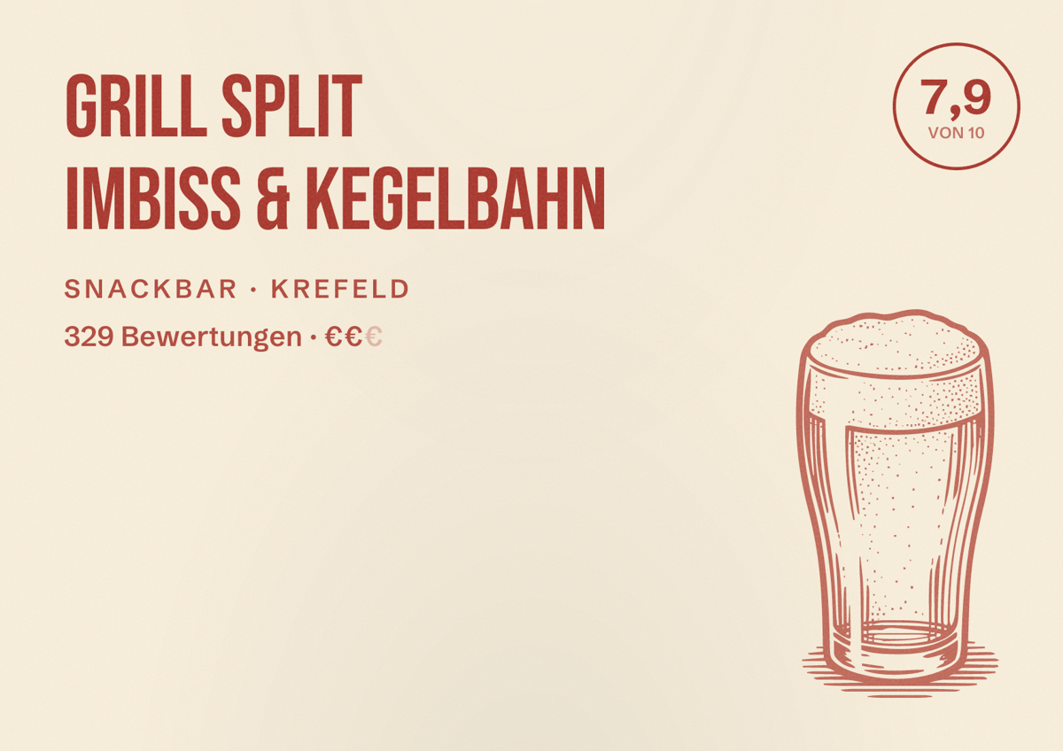 Illustriertes Poster von Grill Split Imbiss & Kegelbahn, Snackbar in Krefeld: Gästebewertung 7,9 von 10 aus 329 Bewertungen