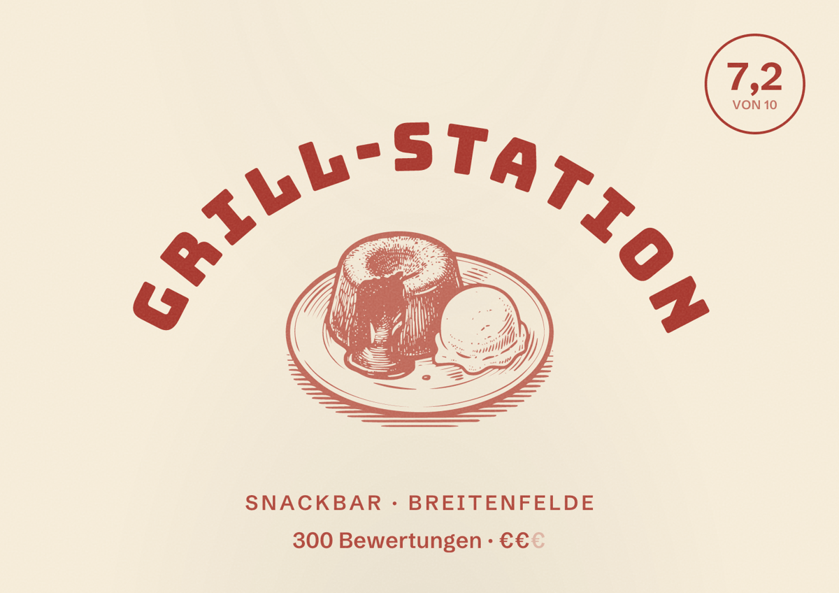 Illustriertes Poster von Grill-Station, Snackbar in Breitenfelde: Bewertung 7,2 von 10 aus 300 Bewertungen, Preisniveau €€