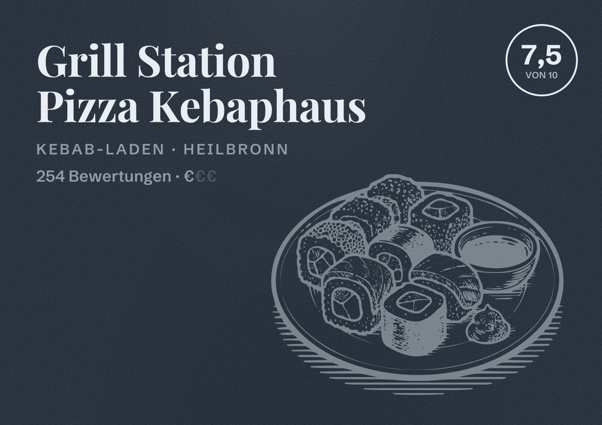 Illustriertes Poster von Grill Station Pizza Kebaphaus, Kebab-Laden in Heilbronn: Bewertung 7,5 von 10 aus 254 Bewertungen, Preisniveau €