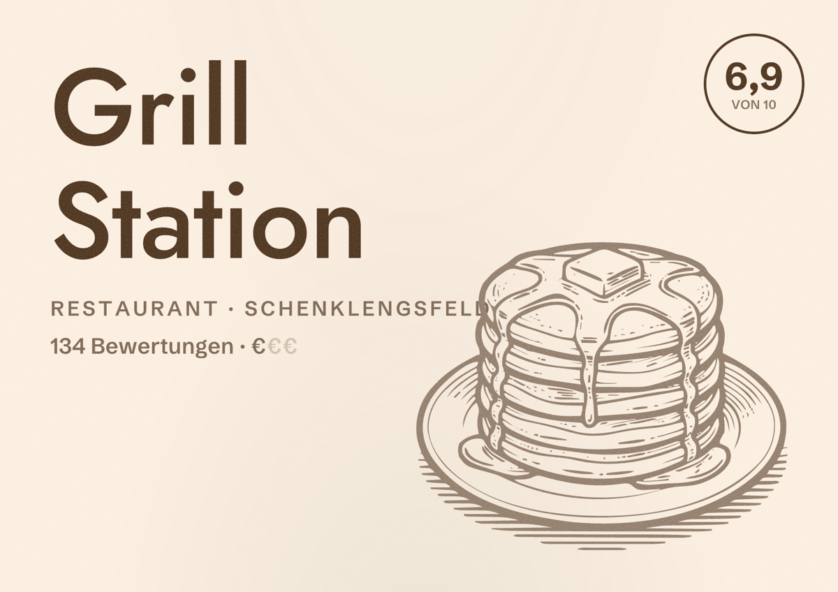 Illustriertes Poster von Grill Station, Restaurant in Schenklengsfeld: Bewertung 6,9 von 10 aus 134 Bewertungen, Preisniveau €
