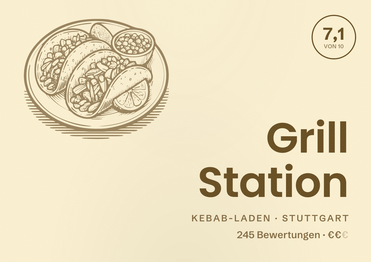 Illustriertes Poster von Grill Station, Kebab-Laden in Stuttgart: Bewertung 7,1 von 10 aus 245 Bewertungen, Preisniveau €€