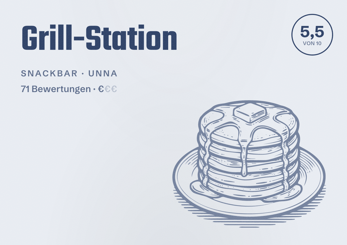 Illustriertes Poster von Grill-Station, Snackbar in Unna: Bewertung 5,5 von 10 aus 71 Bewertungen, Preisniveau €