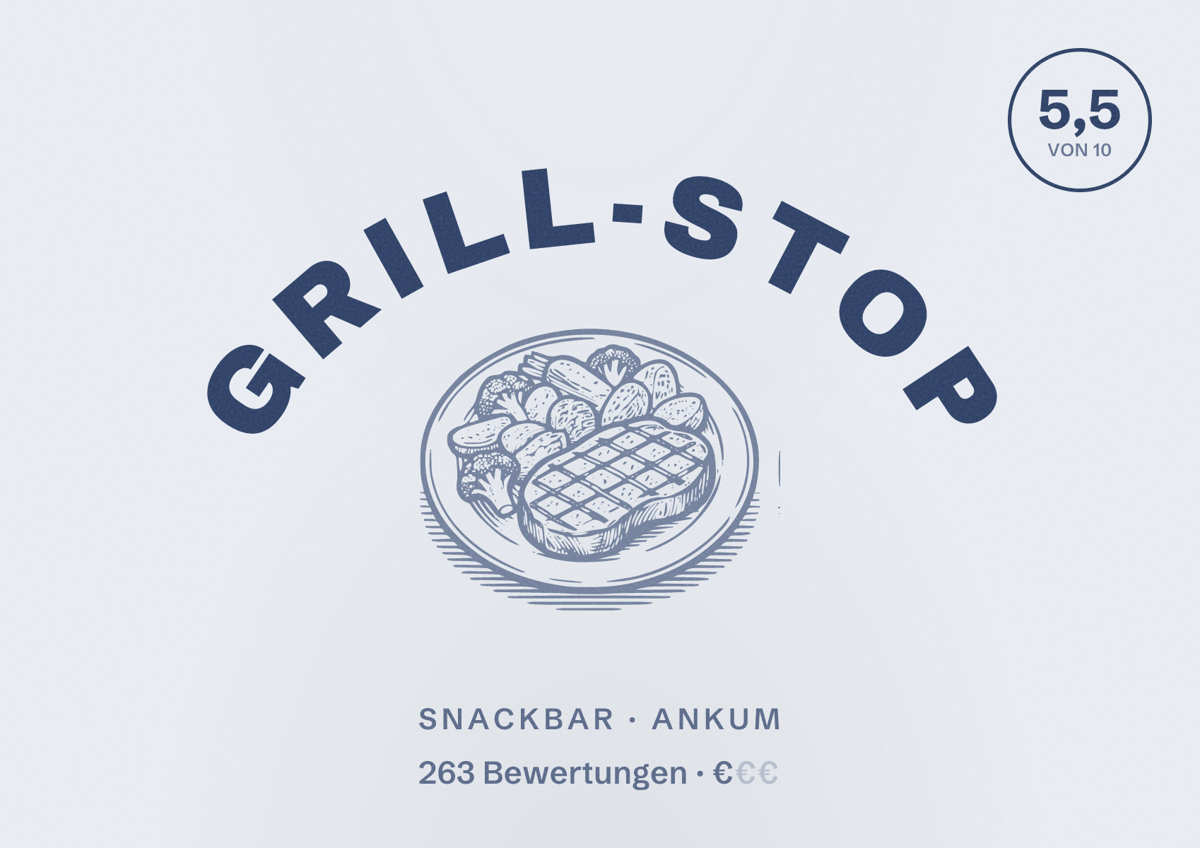 Illustriertes Poster von Grill-Stop, Snackbar in Ankum: Bewertung 5,5 von 10 aus 263 Bewertungen, Preisniveau €