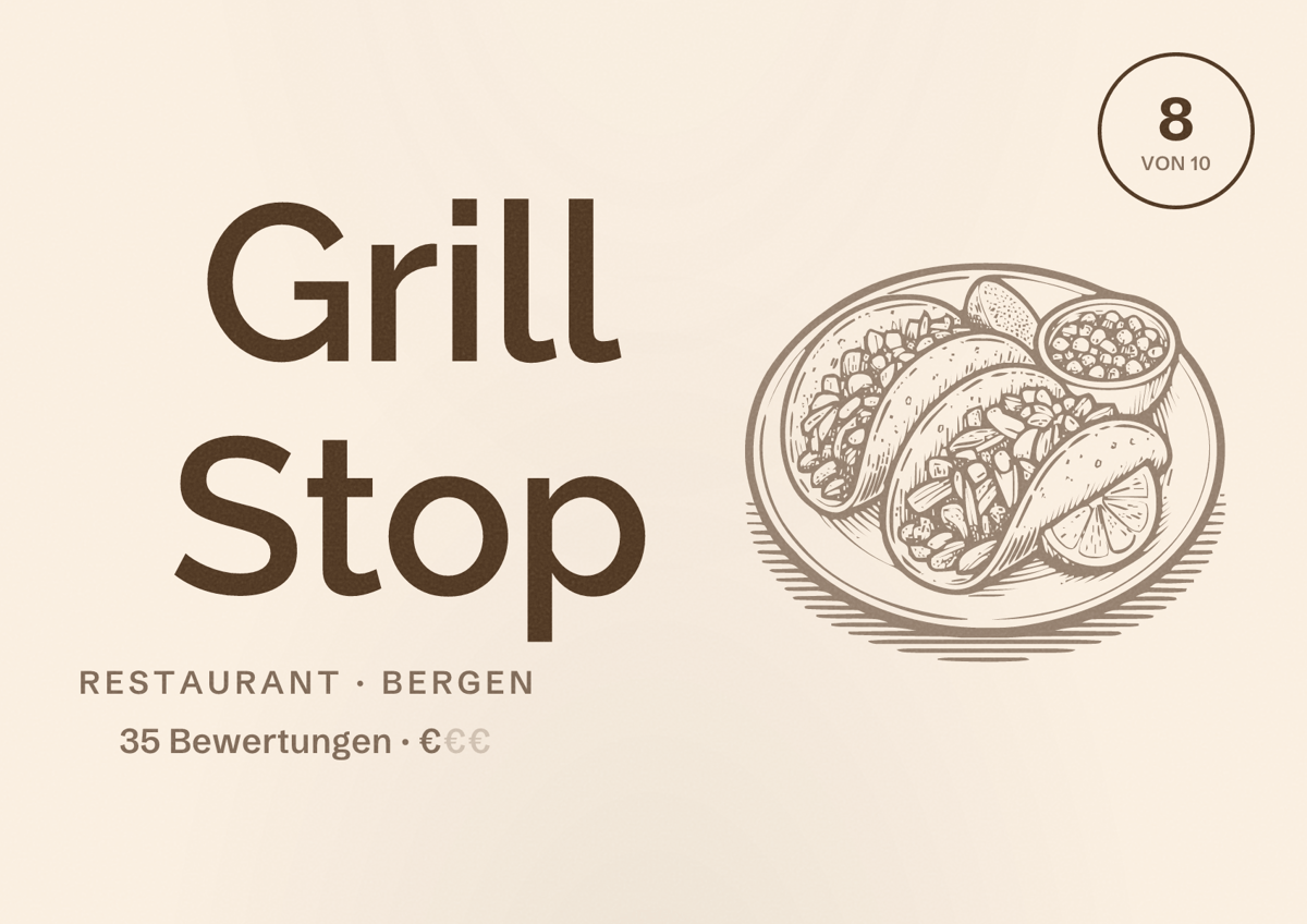 Illustriertes Poster von Grill Stop, Restaurant in Bergen: Bewertung 8 von 10 aus 35 Bewertungen, Preisniveau €