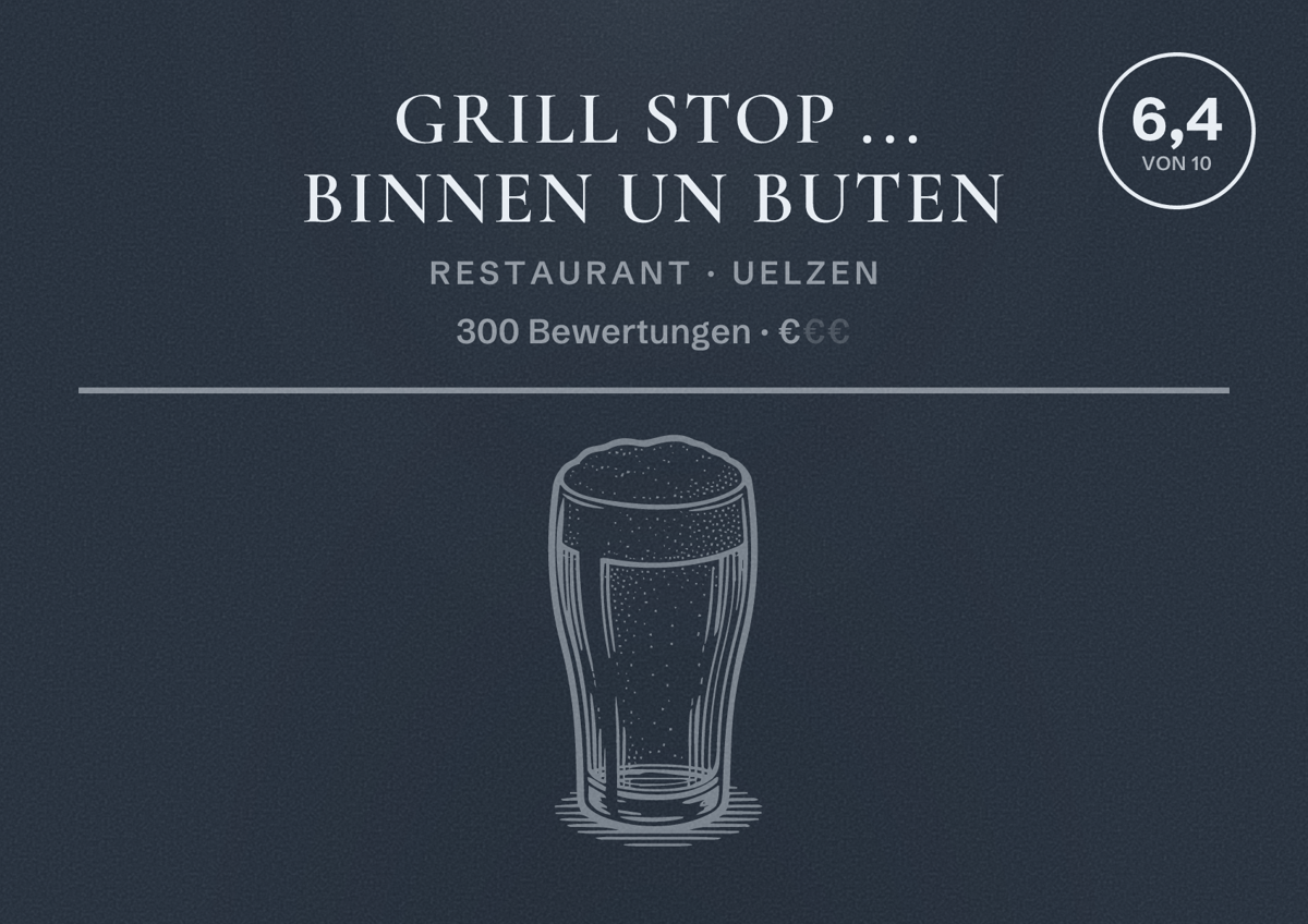 Illustriertes Poster von Grill STOP ... binnen un buten, Restaurant in Uelzen: Bewertung 6,4 von 10 aus 300 Bewertungen, Preisniveau €