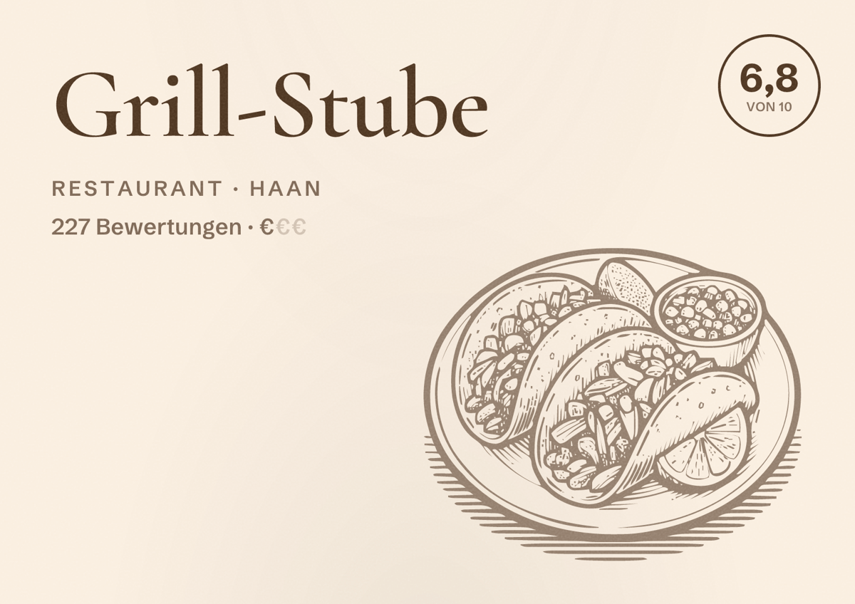 Illustriertes Poster von Grill-Stube, Restaurant in Haan: Bewertung 6,8 von 10 aus 227 Bewertungen, Preisniveau €