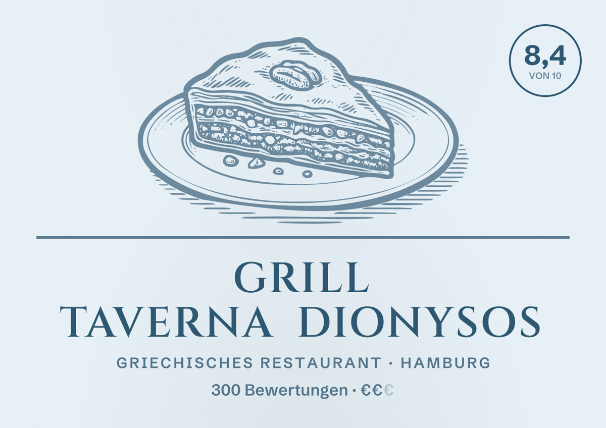 Illustriertes Poster von Grill Taverna Dionysos, Griechisches Restaurant in Hamburg: Bewertung 8,4 von 10 aus 300 Bewertungen, Preisniveau €€