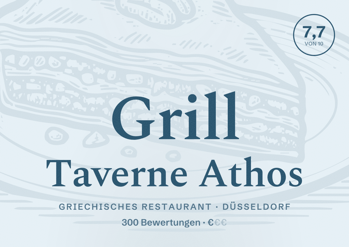 Illustriertes Poster von Grill Taverne Athos, Griechisches Restaurant in Düsseldorf: Bewertung 7,7 von 10 aus 300 Bewertungen, Preisniveau €