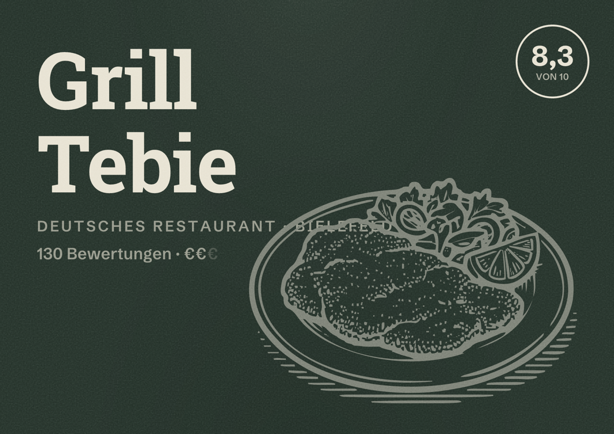 Illustriertes Poster von Grill Tebie, Deutsches Restaurant in Bielefeld: Bewertung 8,3 von 10 aus 130 Bewertungen, Preisniveau €€
