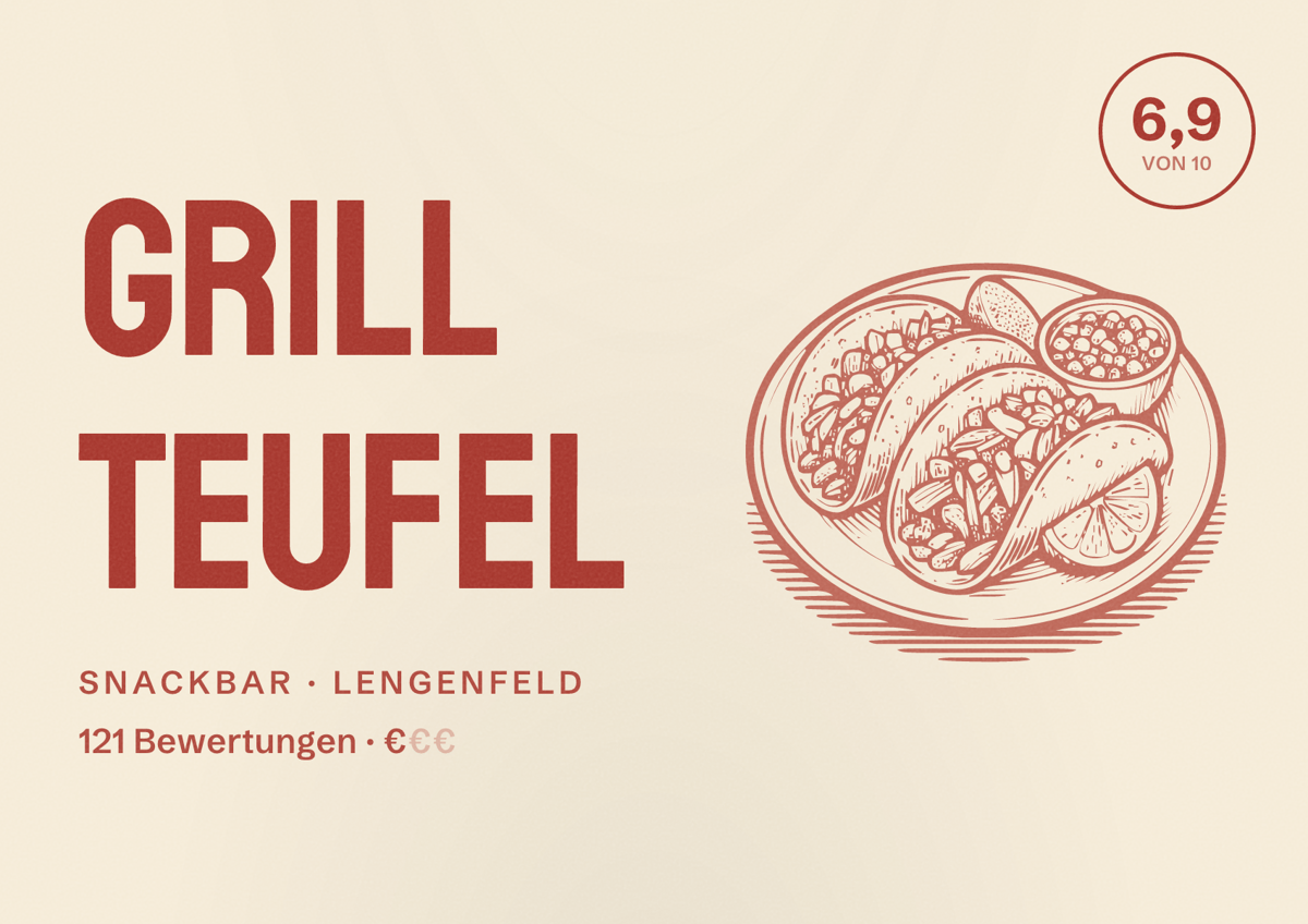 Illustriertes Poster von Grill Teufel, Snackbar in Lengenfeld: Bewertung 6,9 von 10 aus 121 Bewertungen, Preisniveau €