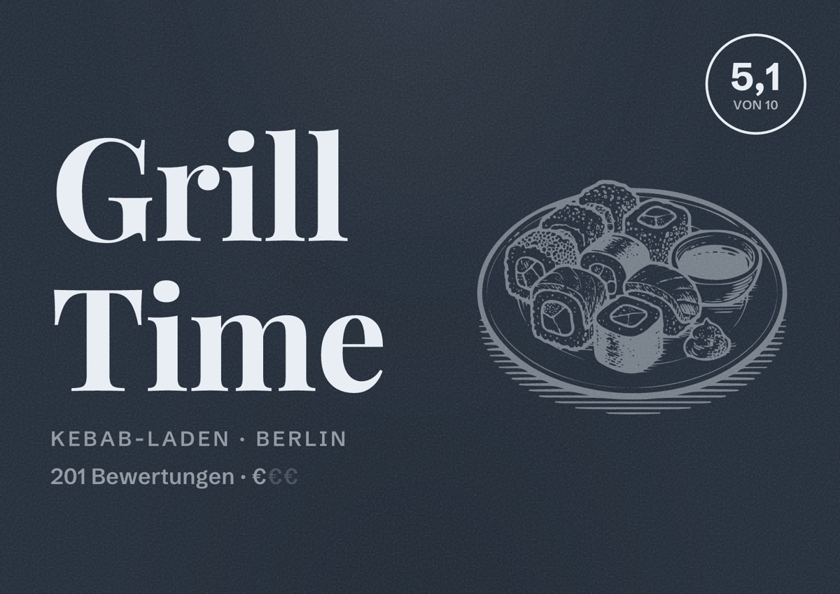Illustriertes Poster von Grill Time, Kebab-Laden in Berlin: Bewertung 5,1 von 10 aus 201 Bewertungen, Preisniveau €
