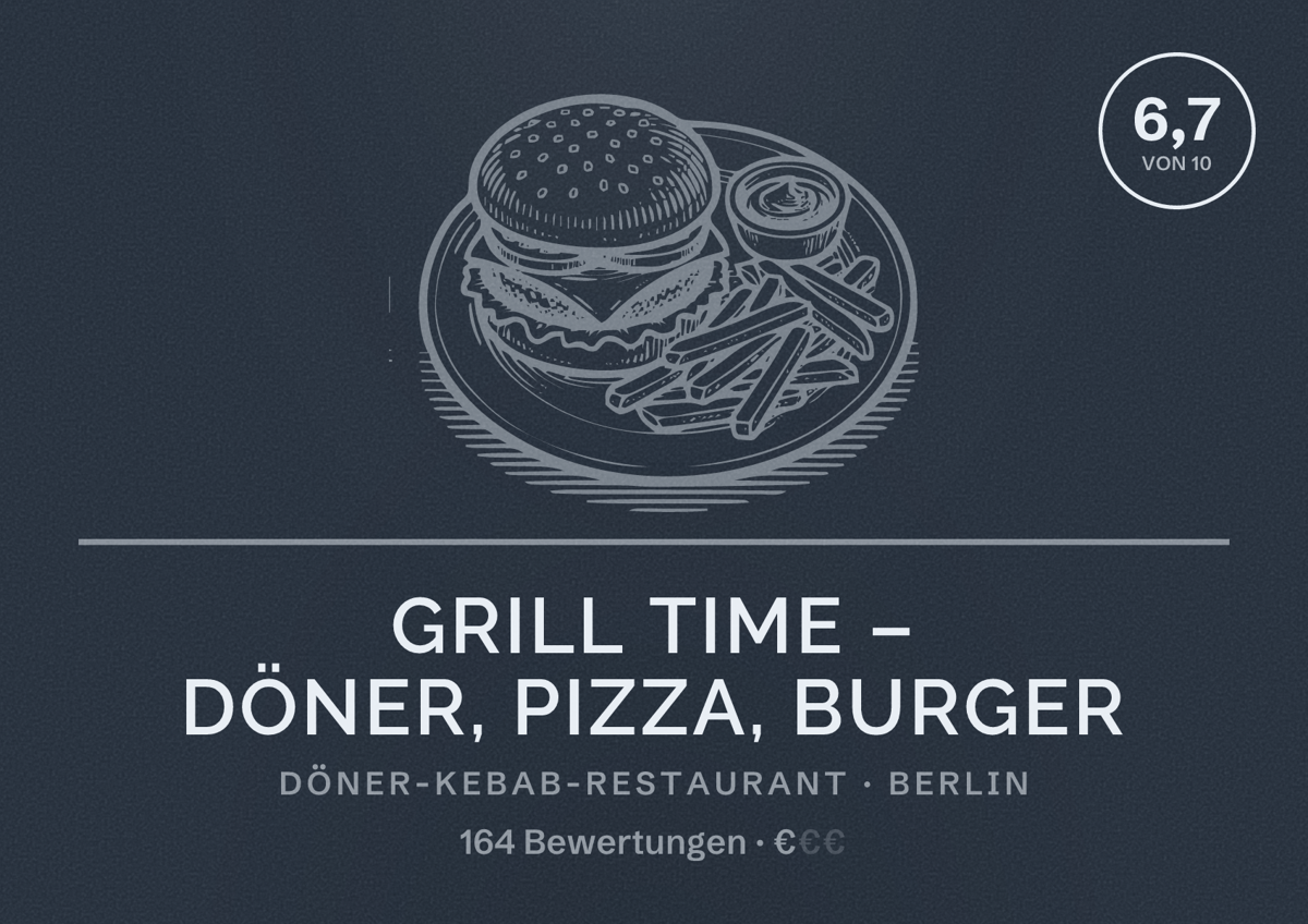 Illustriertes Poster von Grill Time – Döner, Pizza, Burger, Döner-Kebab-Restaurant in Berlin: Bewertung 6,7 von 10 aus 164 Bewertungen, Preisniveau €