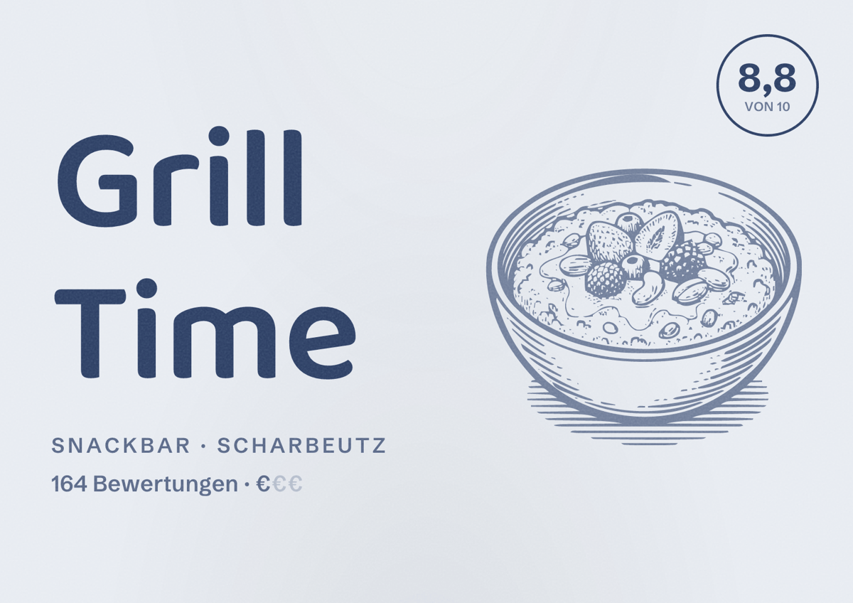 Illustriertes Poster von Grill Time, Snackbar in Scharbeutz: Bewertung 8,8 von 10 aus 164 Bewertungen, Preisniveau €