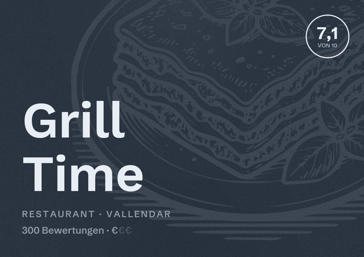 Illustriertes Poster von Grill Time, Restaurant in Vallendar: Bewertung 7,1 von 10 aus 300 Bewertungen, Preisniveau €