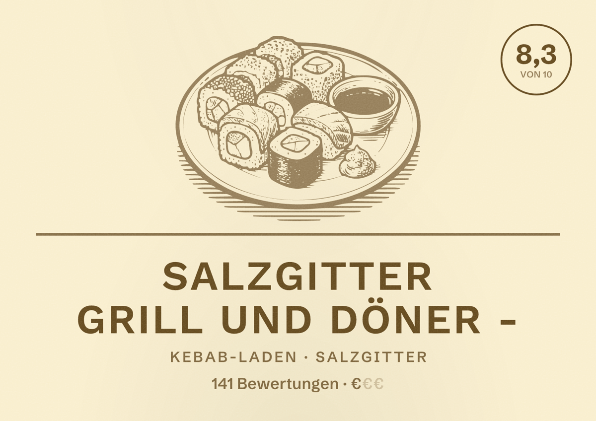 Illustriertes Poster von Salzgitter Grill und Döner -, Kebab-Laden in Salzgitter: Bewertung 8,3 von 10 aus 141 Bewertungen, Preisniveau €